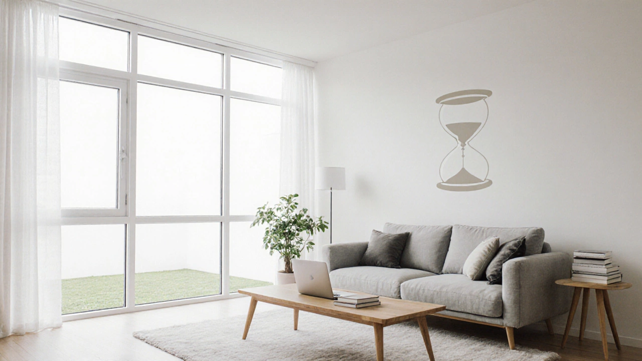 Bright minimalist living room with simple furniture, natural light, and subtle hourglass hint.