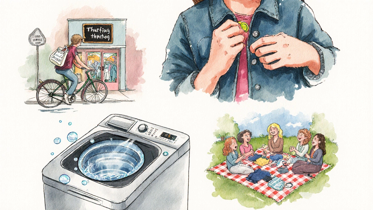 Collage of cycling to thrift store, repairing a jacket, washing, and clothing swap.
