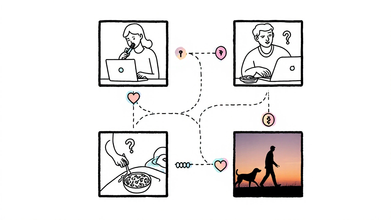 Collage of daily tasks linked by icons of curiosity, compassion, and calm.