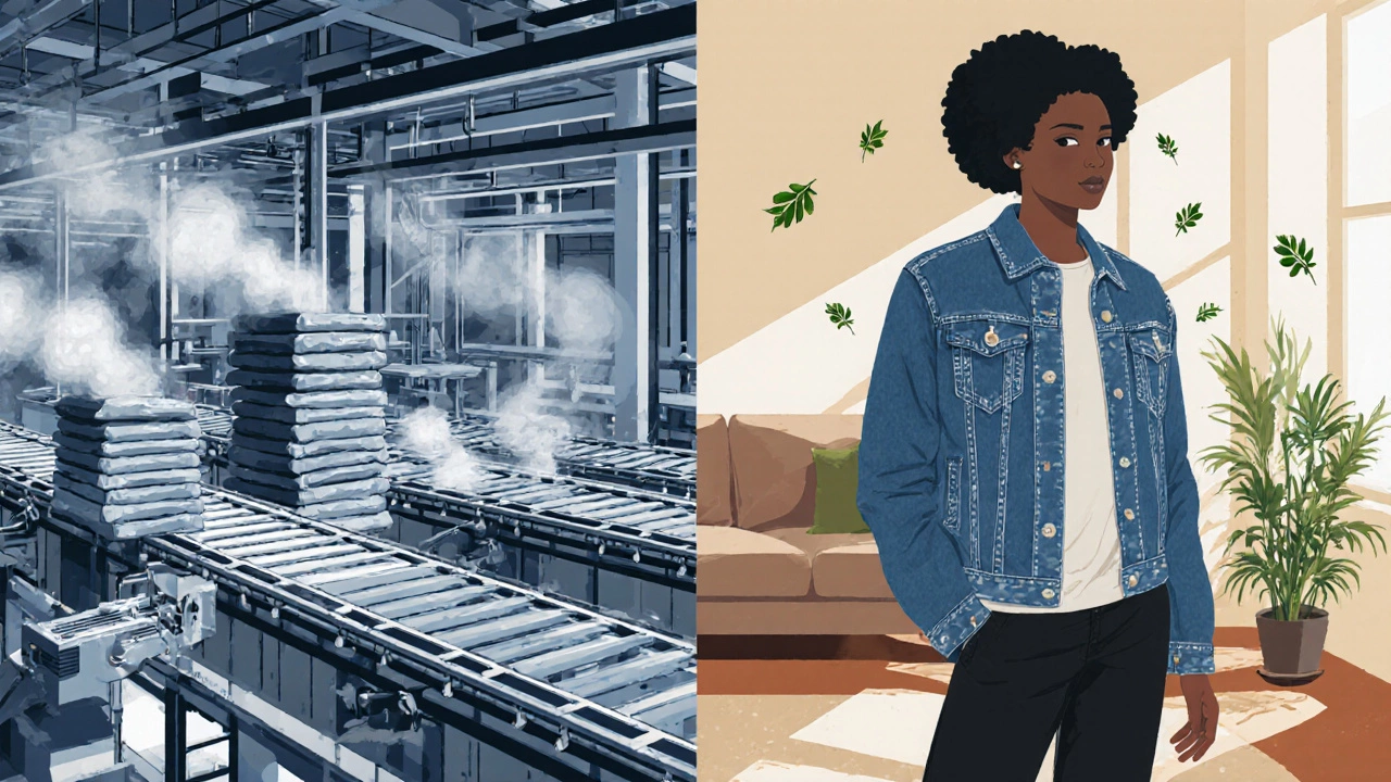 Contrast of a fast-fashion factory and a person wearing a thrifted jacket at home.