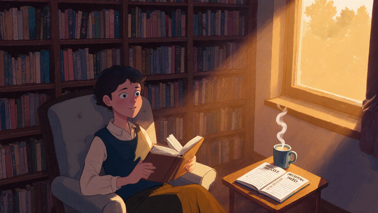 Cozy nook with armchair, bookshelf, journal, and reader celebrating finishing a book.