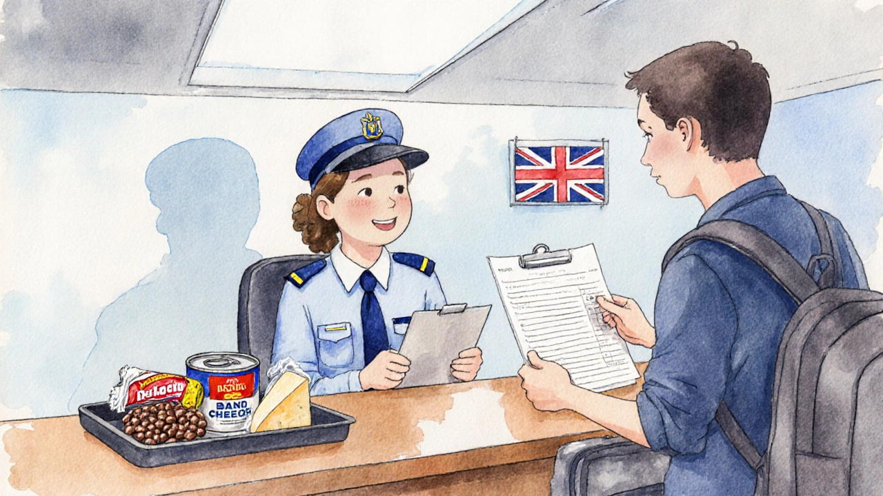 Customs officer checking a traveler's declaration with food items on the desk.