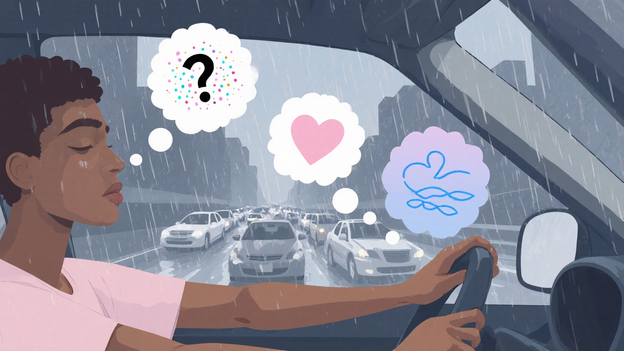 Driver in traffic with thought bubbles showing curiosity, compassion, calm.