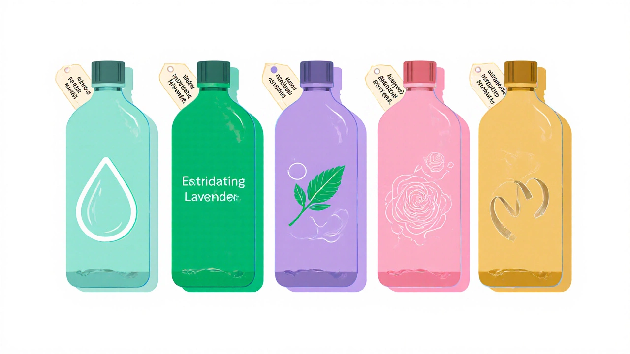 Flat‑lay of five toner bottles with ingredient icons and price tags.