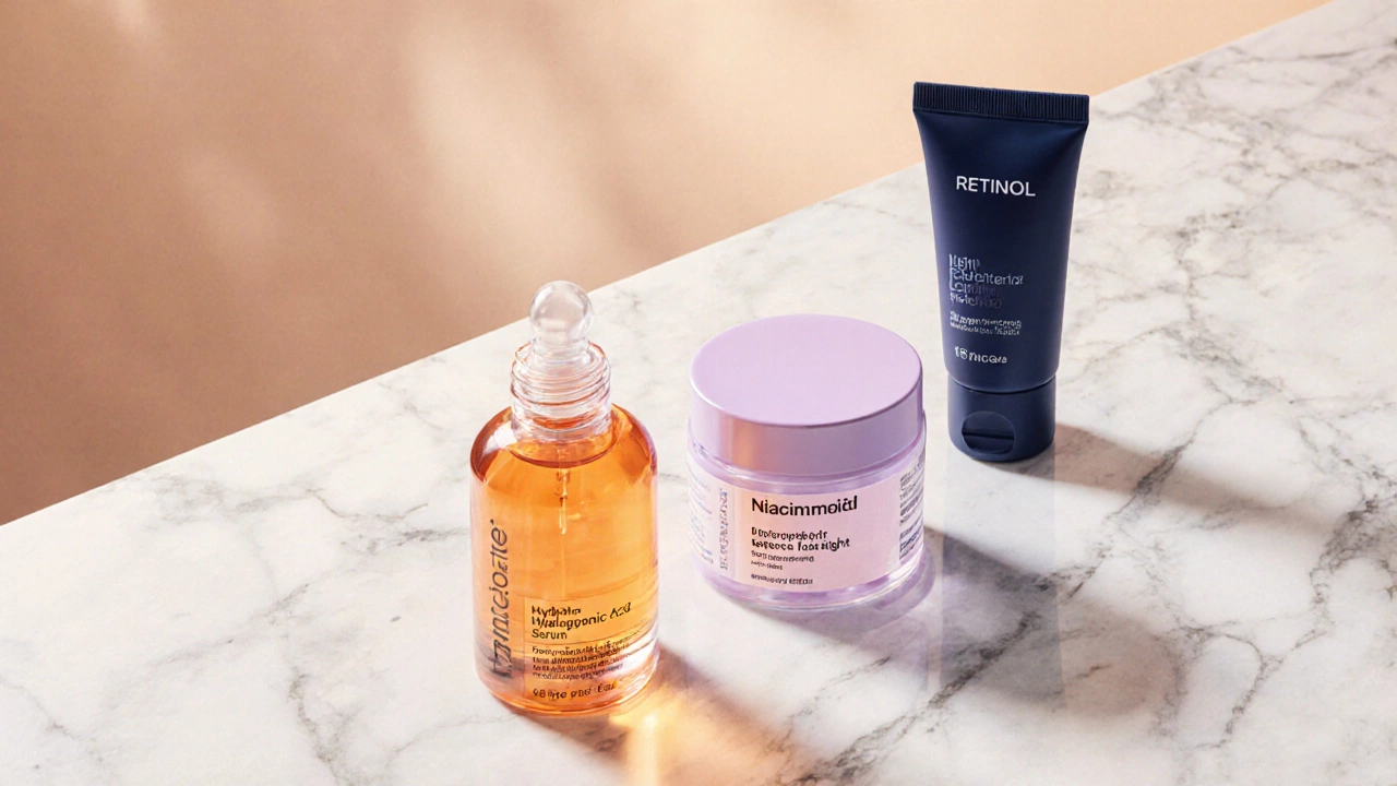 Flat‑lay of Vitamin C, hyaluronic acid, niacinamide, and retinol bottles on marble.