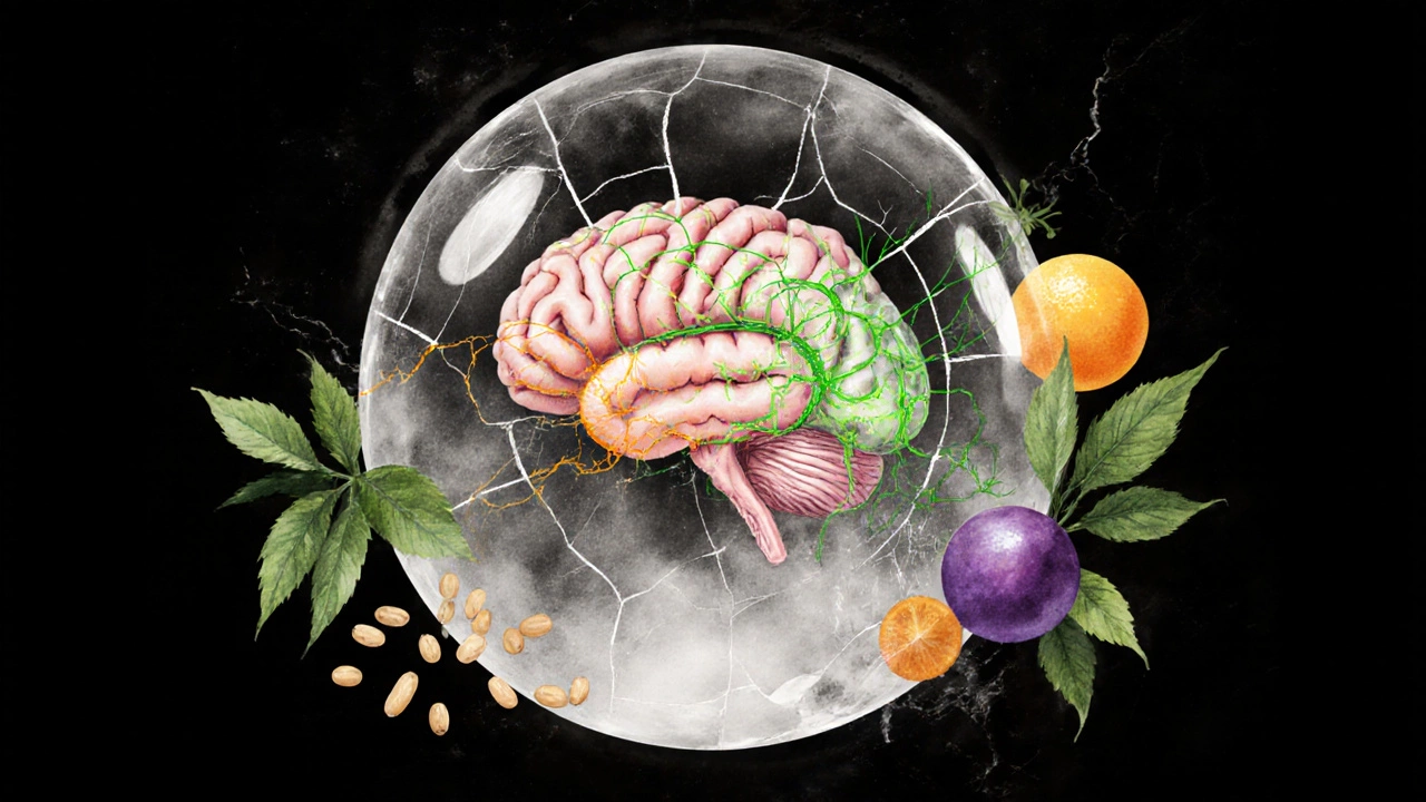 Foggy brain sphere being cleared by colored light from essential vitamins.