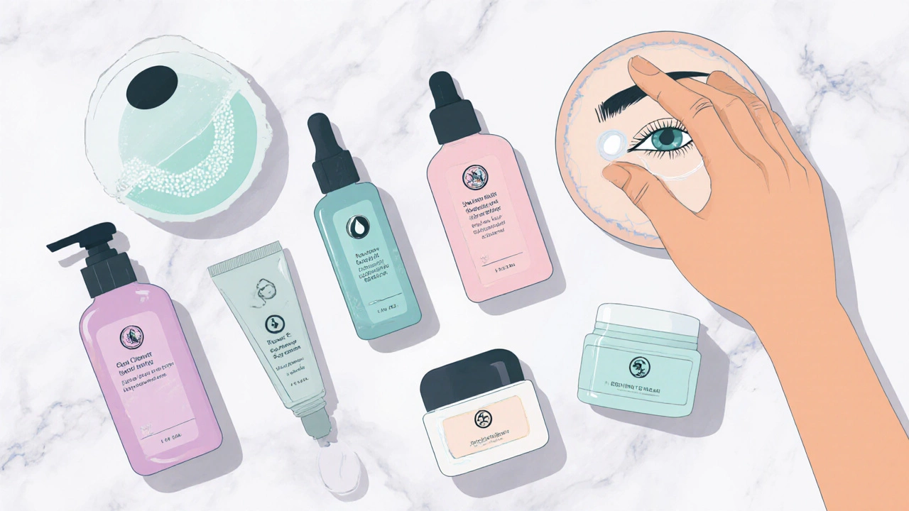 Hands applying toner, serum, eye cream, and moisturizer on a vanity.