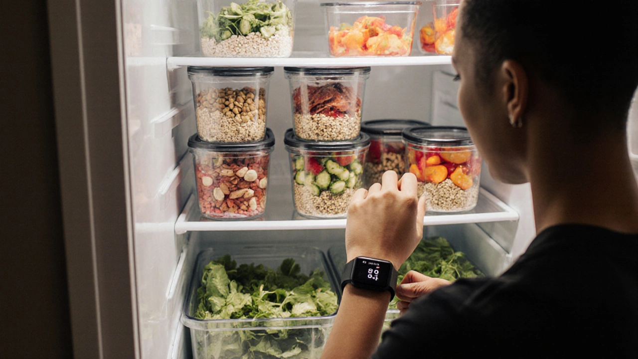 Happy person in front of fridge showing organized containers and wearing a fitness tracker.