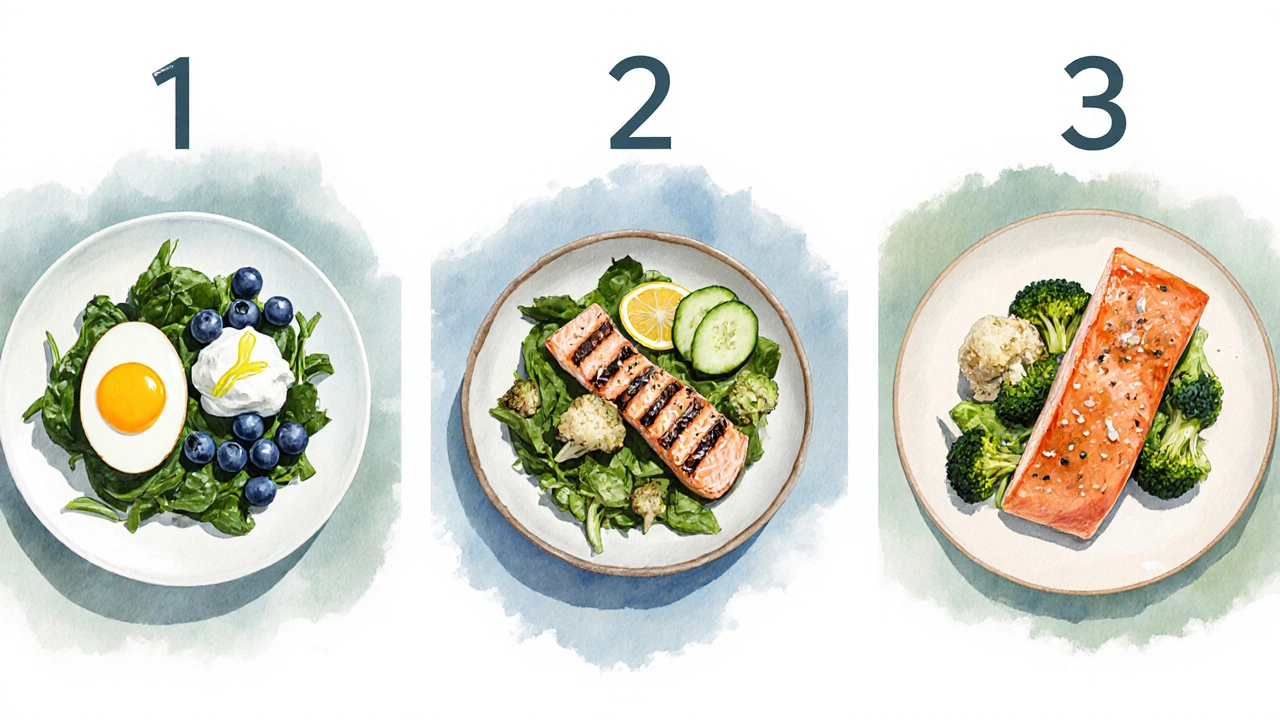 Illustrated collage of Day 1 breakfast, lunch, and dinner plates.