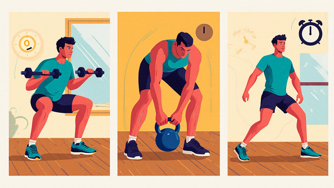Illustrated sequence of a goblet squat, bent‑over row, and burpee representing a 4/30/10 workout round.
