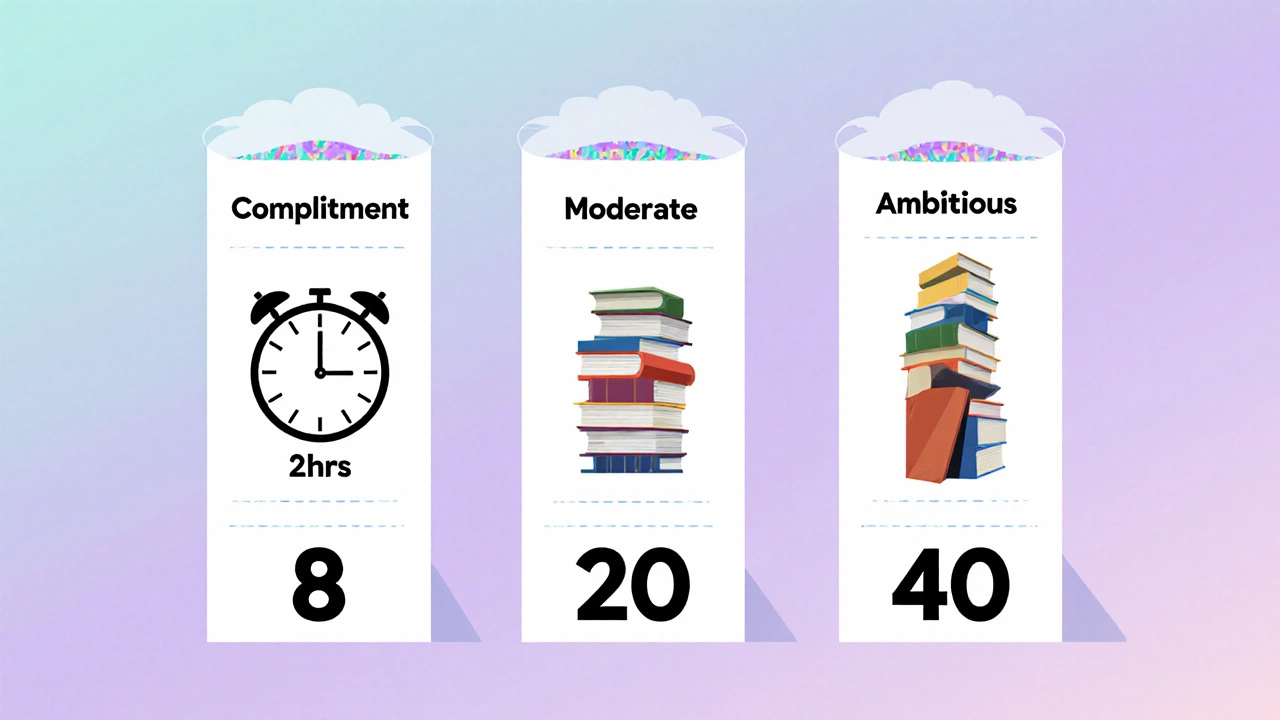 Illustrated three reading plans showing hours, book stacks, and yearly totals.