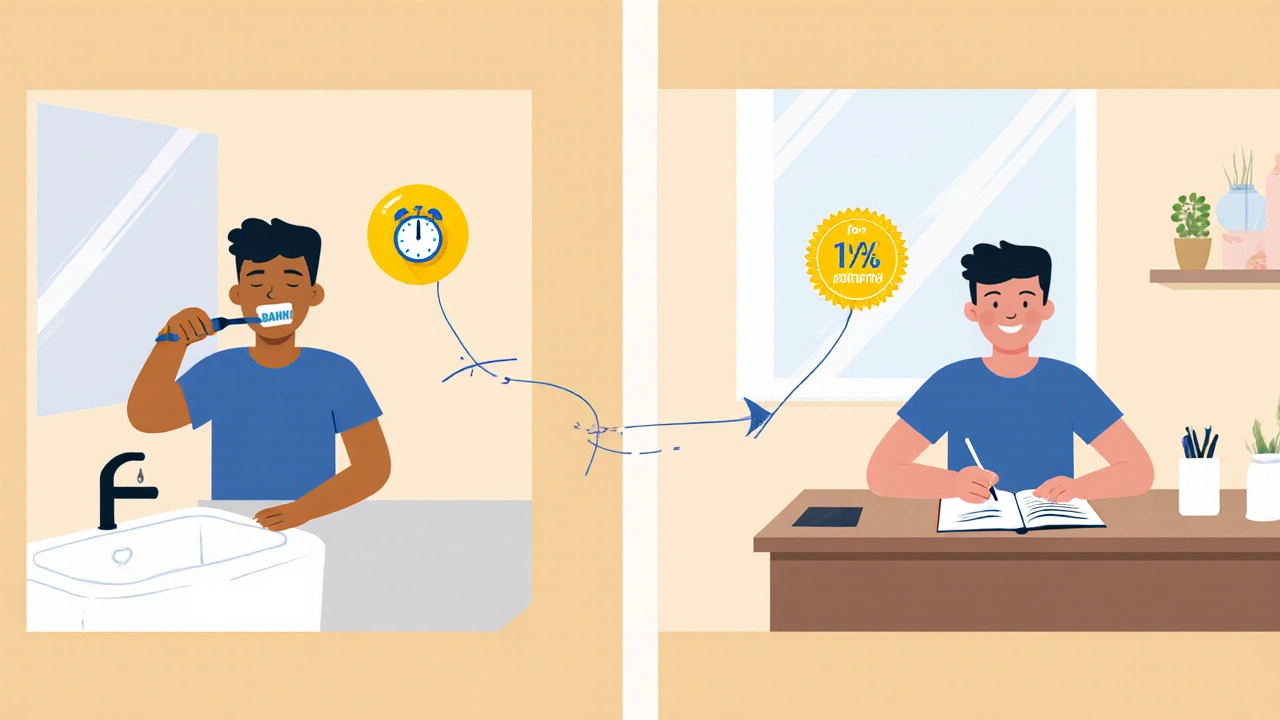 Illustration of habit stacking: brushing teeth then writing a journal sentence, linked by a glowing line.