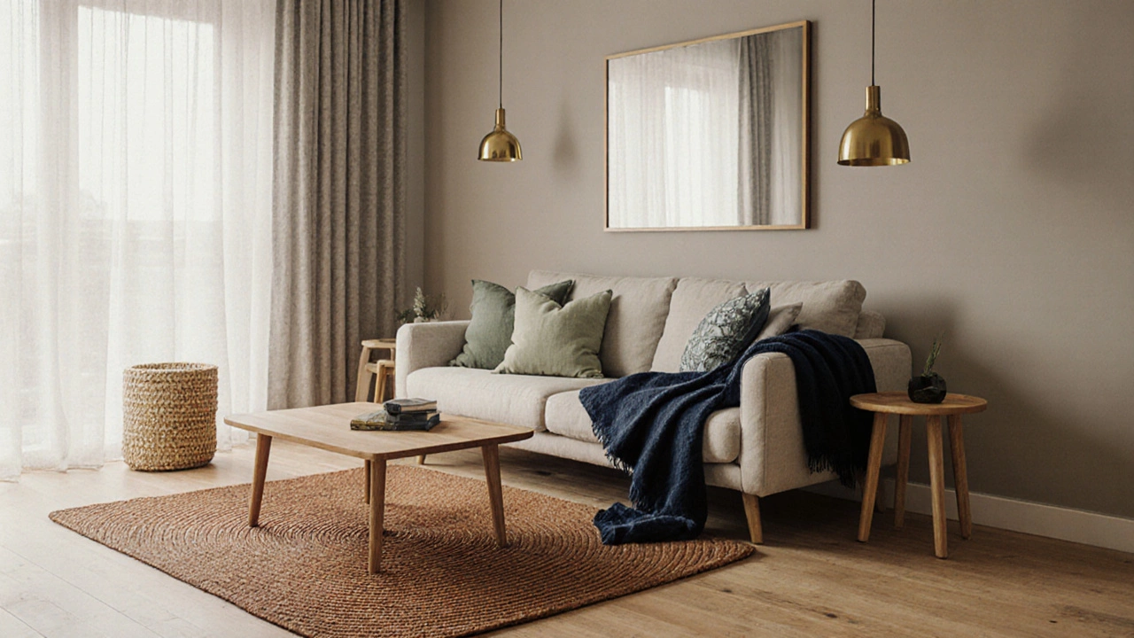 Living room with greige walls, sage pillows, terracotta rug, navy blankets and brass lighting.