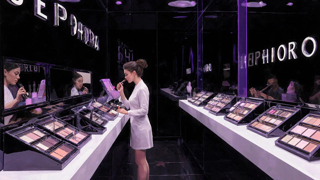 Makeup artist applying lipstick to a client in a sleek Sephora boutique.
