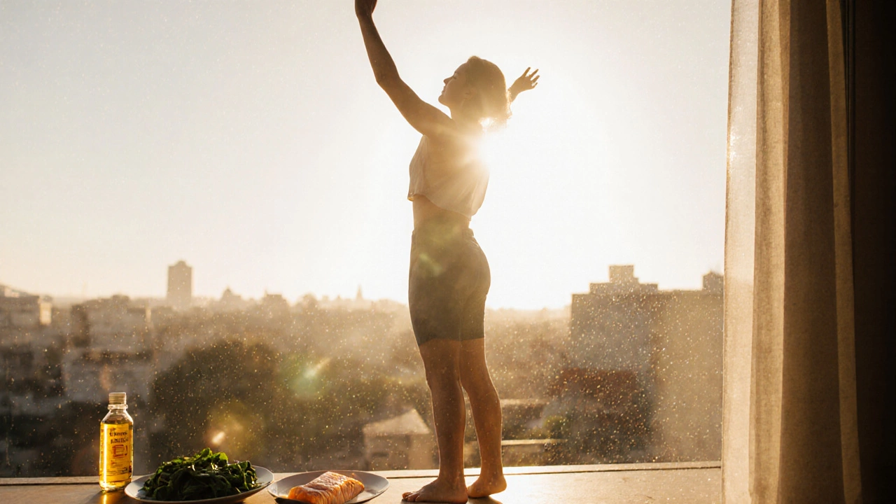 Person receiving morning sunlight with vitamin D and healthy foods nearby.