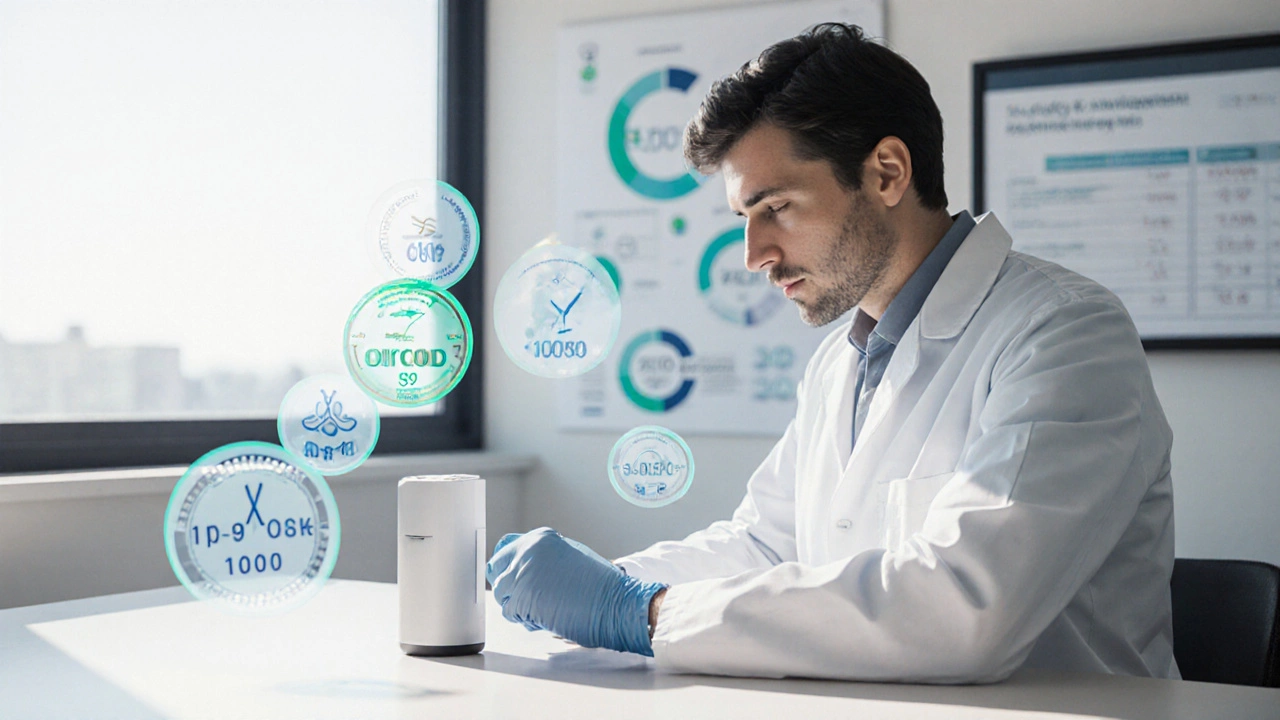 Scientist in lab reviewing product with floating eco‑metric icons and certification seals.