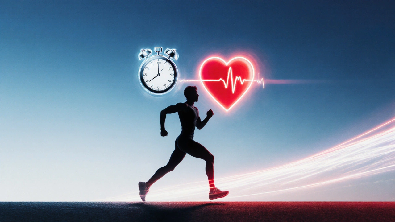 Silhouette of an athlete with glowing heart and stopwatch, symbolizing cardio and strength benefits of the 4/30/10 method.
