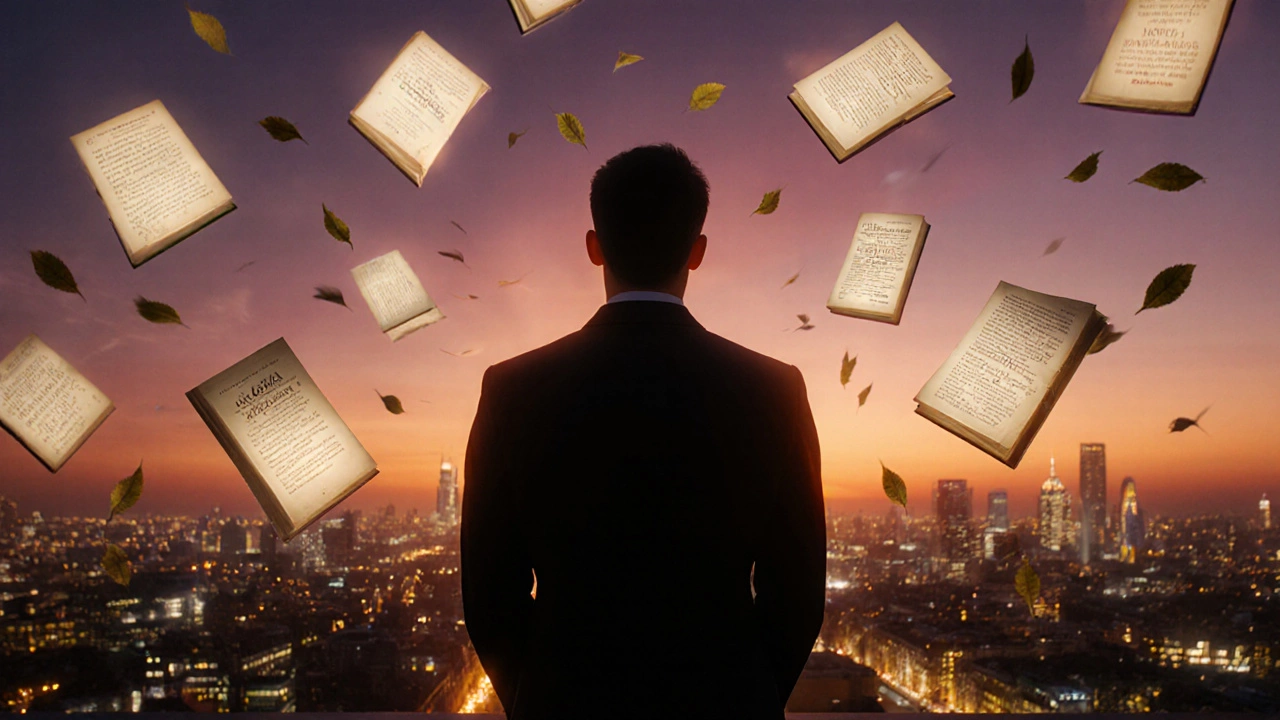 Silhouetted figure on rooftop at sunset surrounded by floating pages of self‑help books.