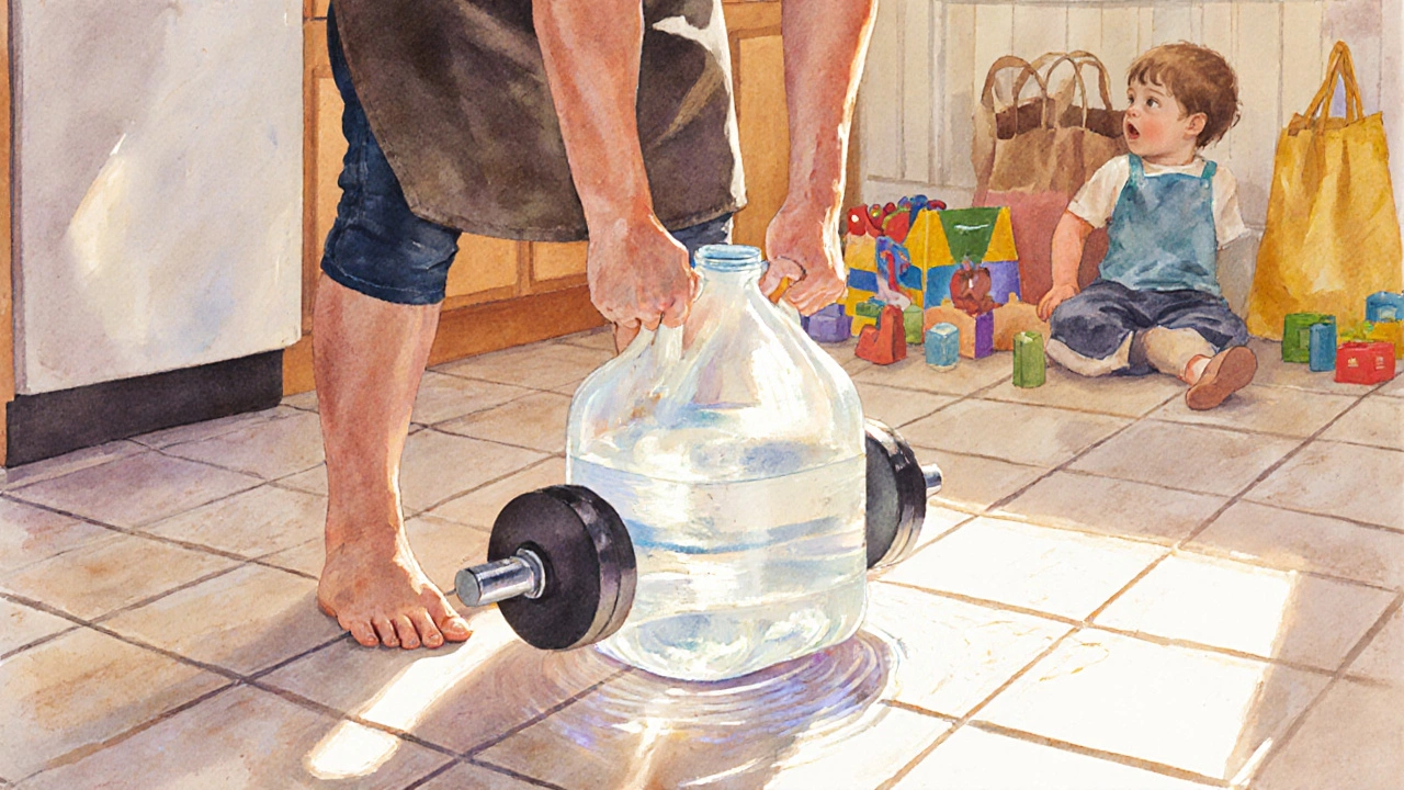 Someone lifting a water jug in a kitchen, mimicking a deadlift pattern with everyday objects.