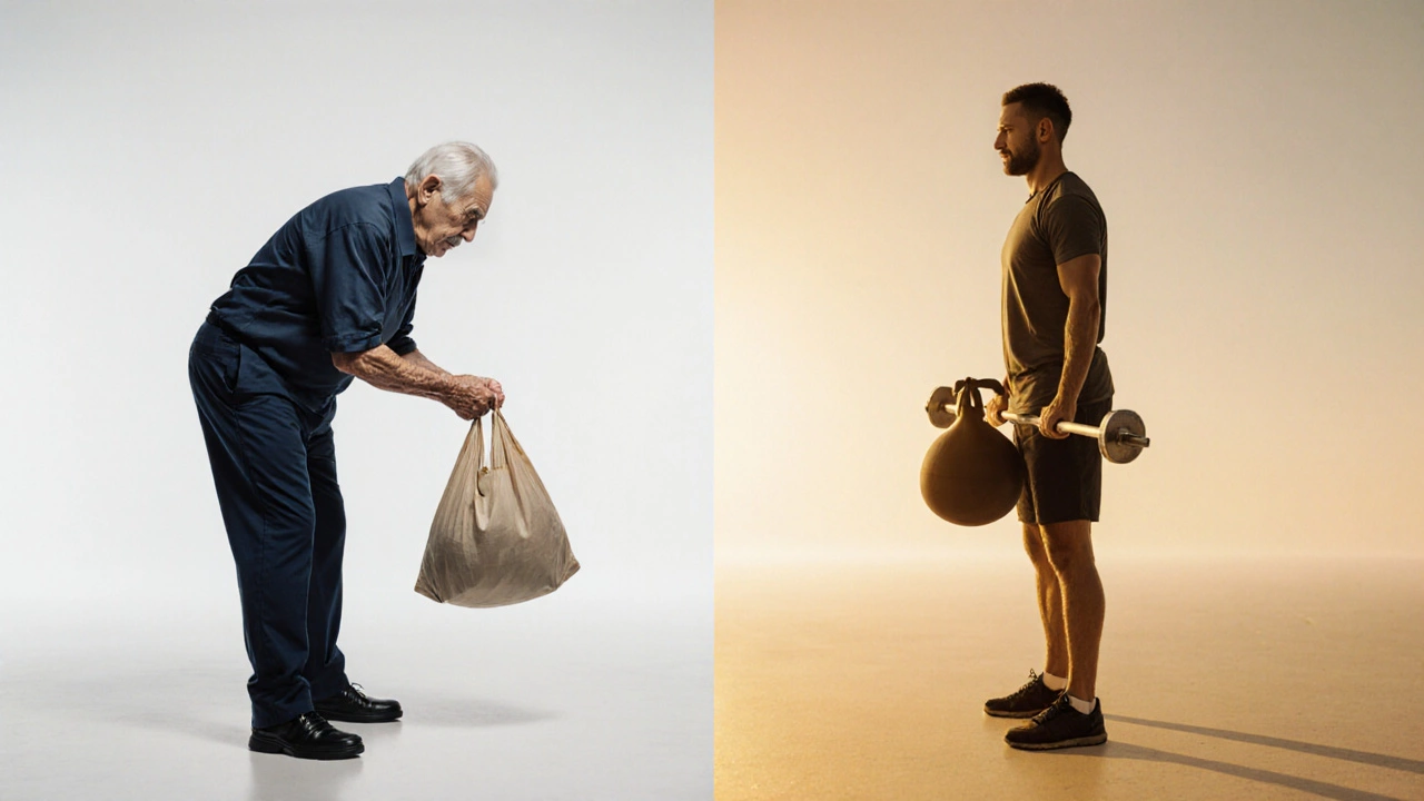 Split image showing the contrast between poor posture and strong, functional movement with age.