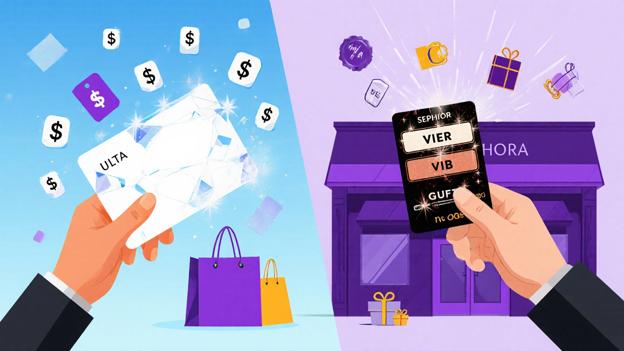 Split‑screen illustration of Ulta points card vs. Sephora tiered badge with shopping icons.