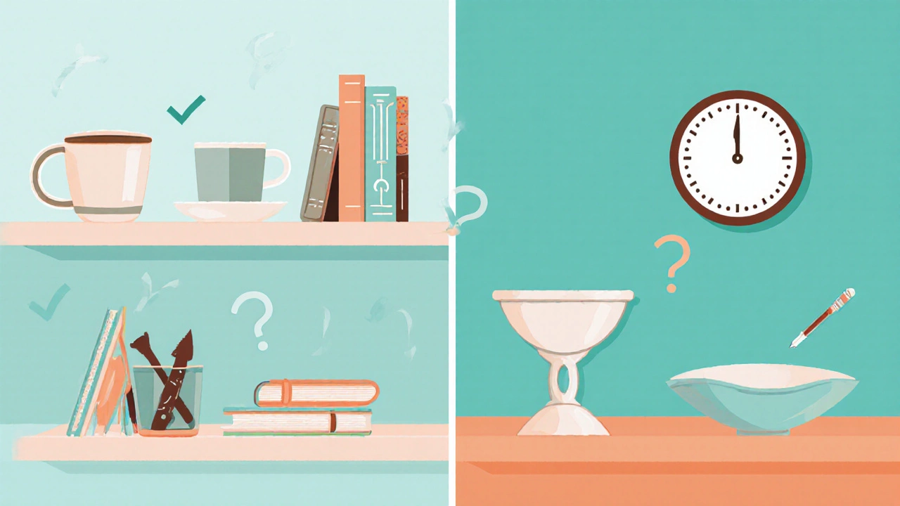 Split‑screen illustration showing frequently used items versus easily replaceable items.