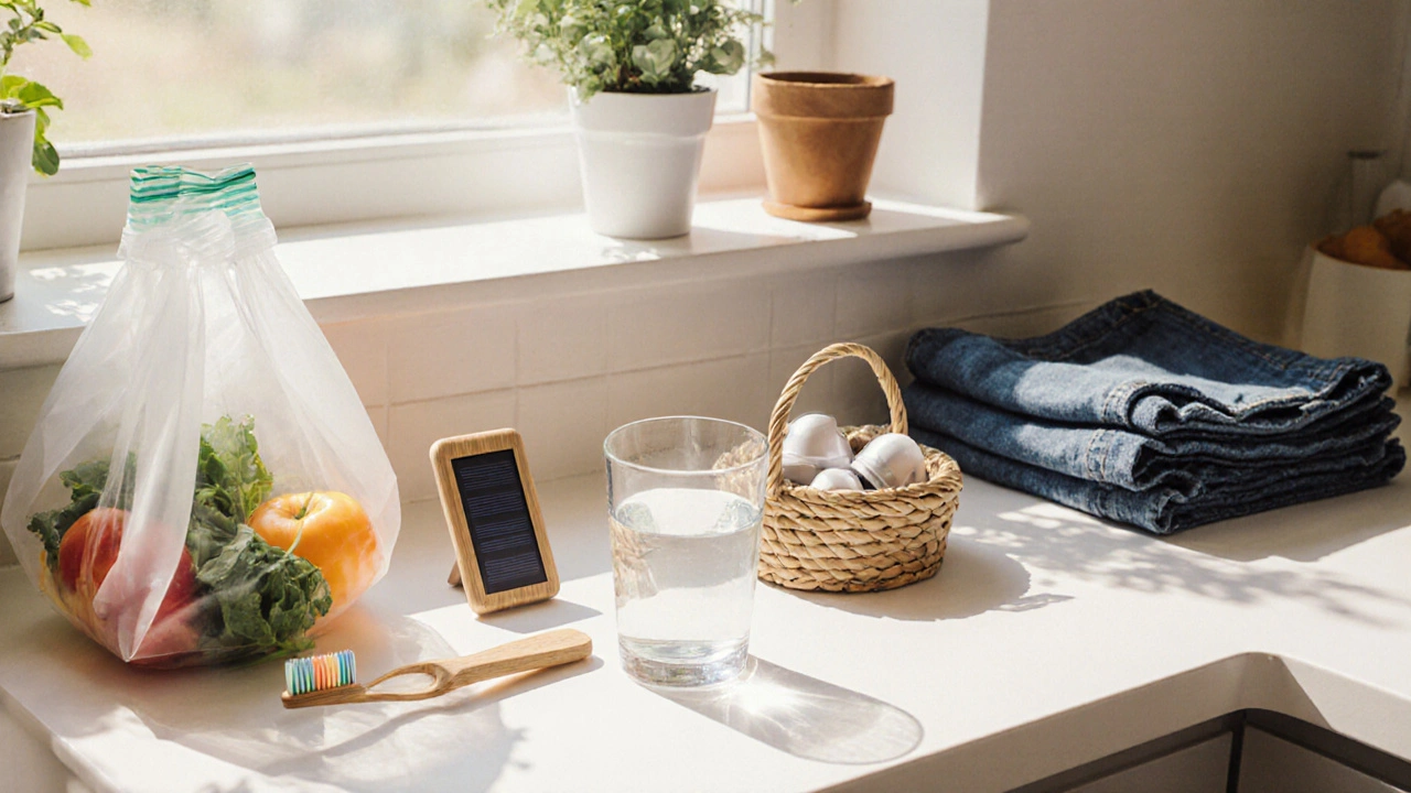 Sunlit kitchen displaying reusable silicone bags, bamboo toothbrush, solar charger, and recycled denim.