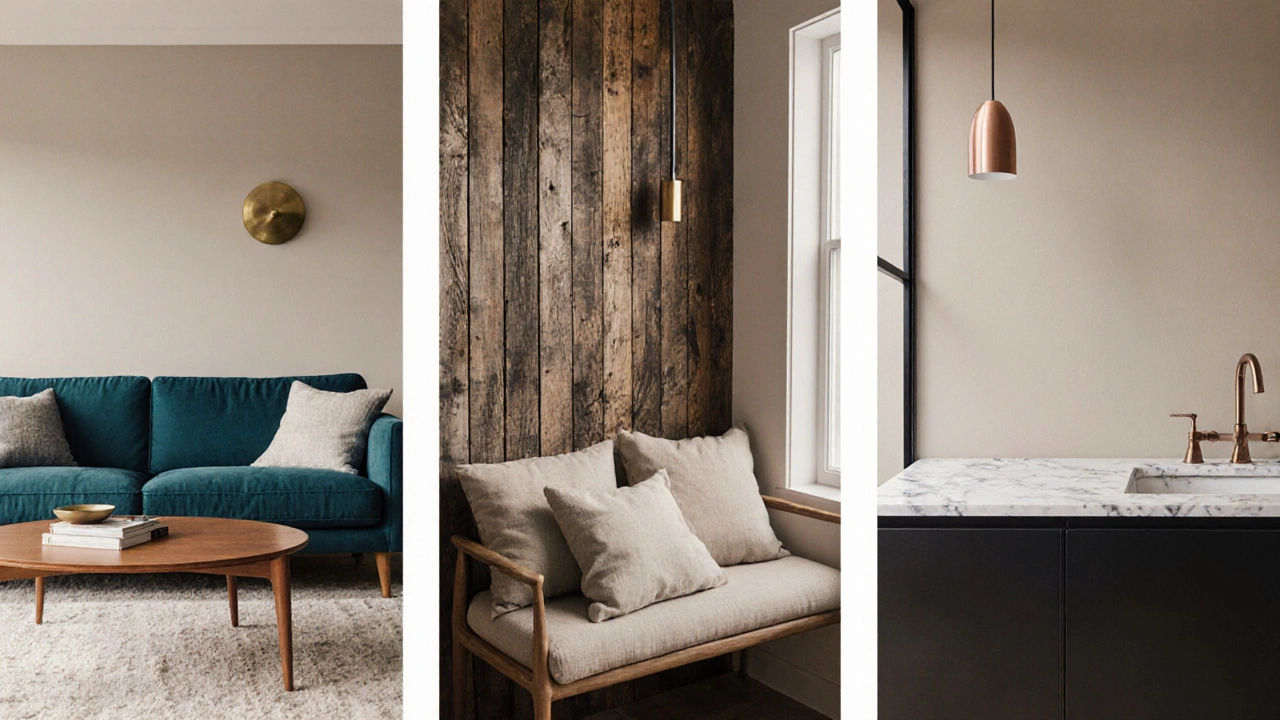 Three rooms—mid‑century, farmhouse, minimalist—each featuring greige walls.