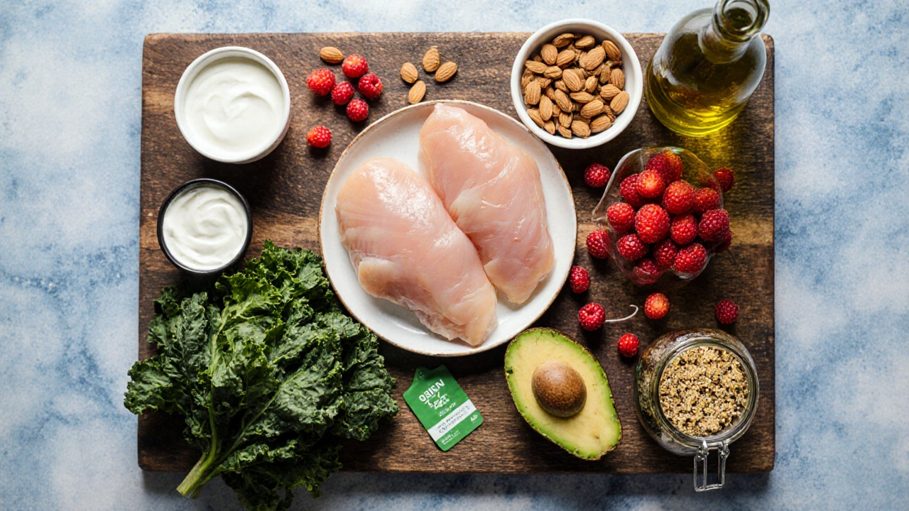 Top‑down view of fresh protein, vegetables, nuts, yogurt, and quinoa on wood.
