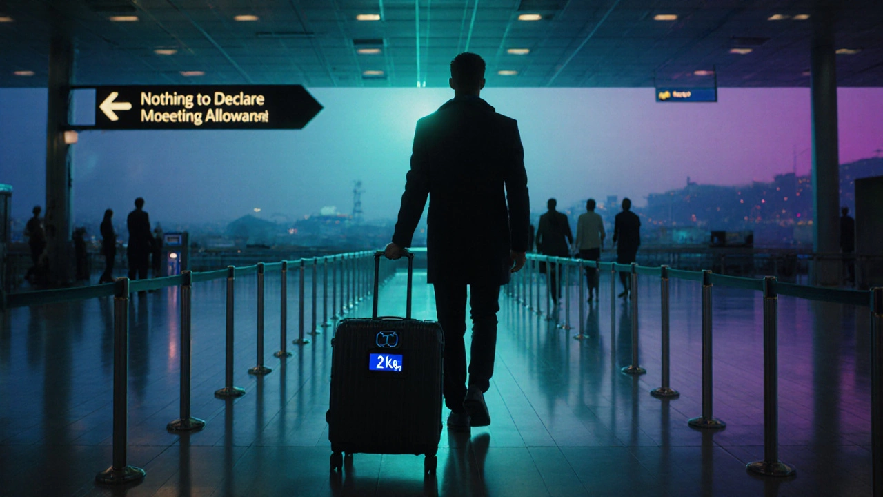 Traveler passing through the "Nothing to Declare" lane with suitcase in hand.