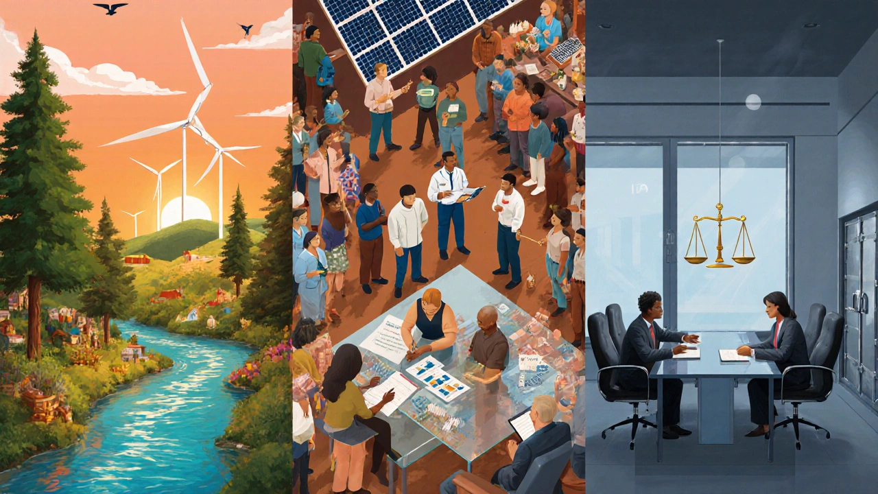Triptych illustration showing environmental forest, social community, and governance boardroom scenes.