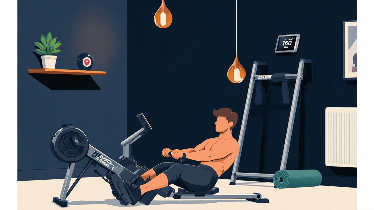 User rowing on a compact machine in a small, well‑lit apartment gym.