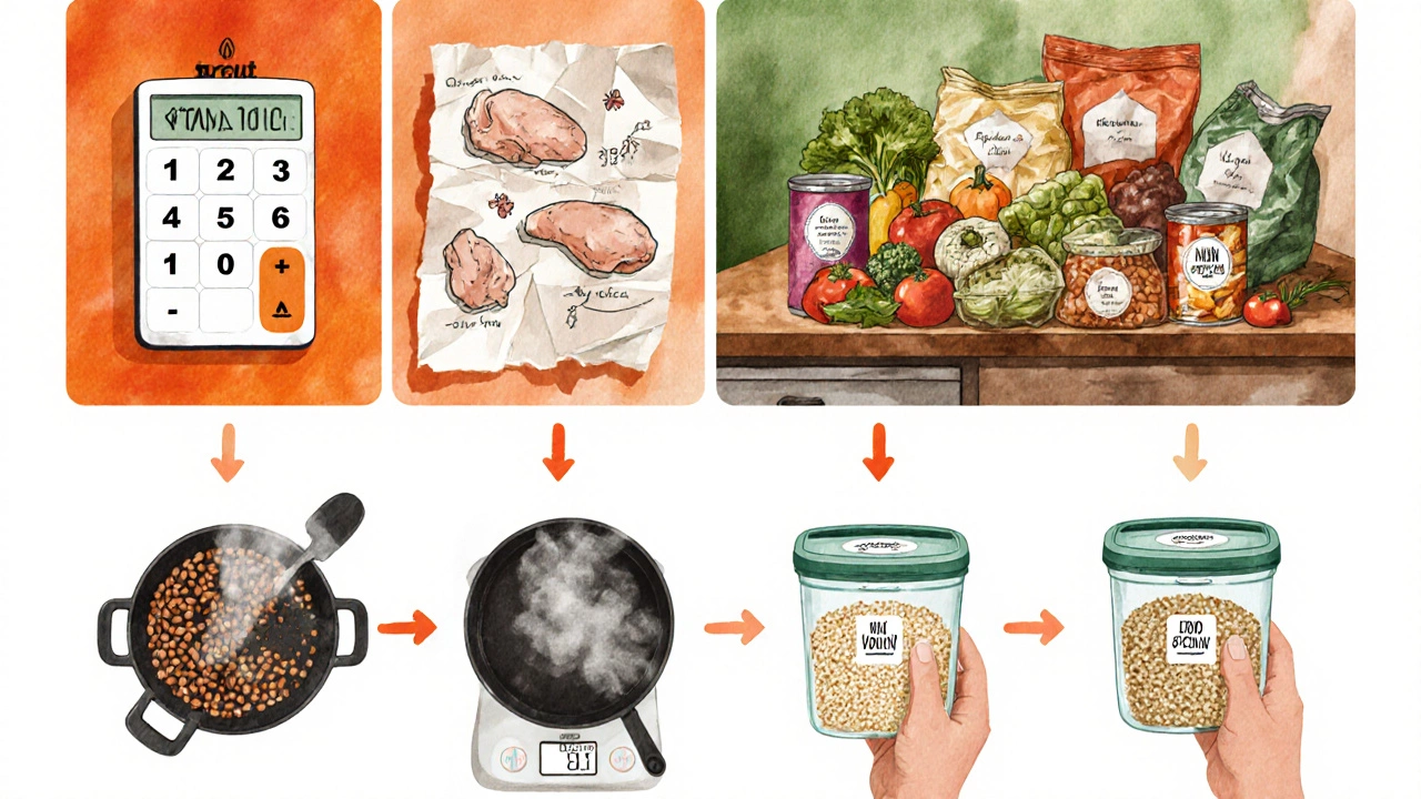 Watercolor illustration of calorie planning, grocery items, cooking, and sealed containers.