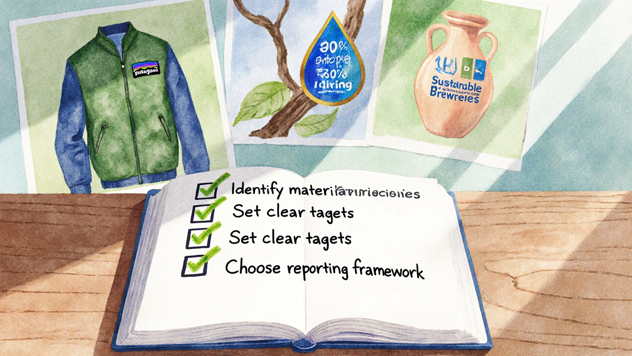 Watercolor of ESG checklist on desk with Patagonia, Unilever, and SAB icons in background.