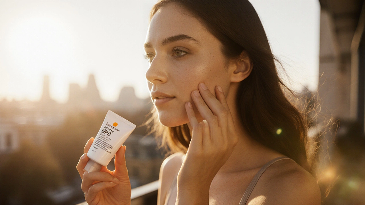 Woman applying sunscreen before stepping into sunny outdoor light.