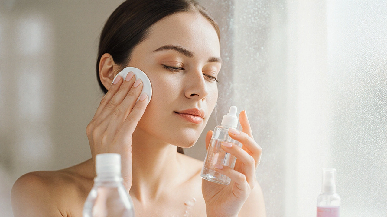 Woman applying toner, then serum, moisturizer, sunscreen, with rose‑water spray nearby.