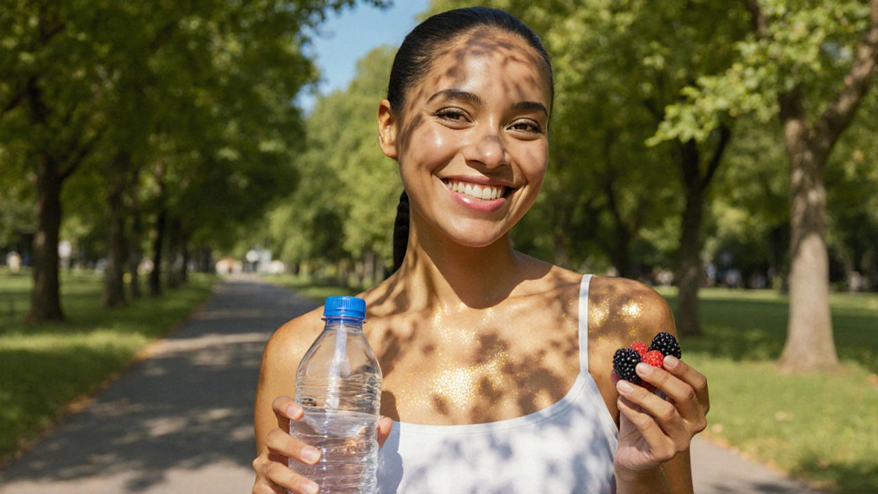 Woman outdoors with luminous skin, holding water bottle and berries in sunlight.
