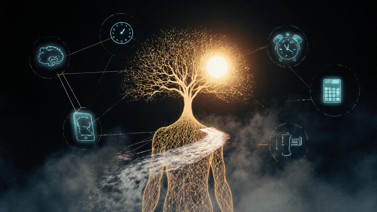 A golden human figure connected to nature, with digital distractions fading away in mist.