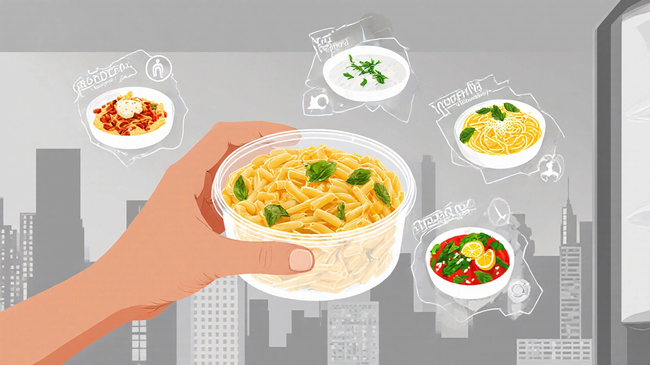 A hand pulling pasta from the fridge, with floating icons showing its transformation through the week.