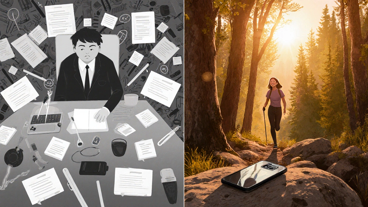 A person divided between chaotic work stress and peaceful nature, symbolizing work-life balance.