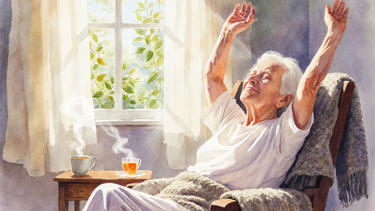 An older adult gently stretching in a sunlit room, calm and still, with a tea cup nearby.