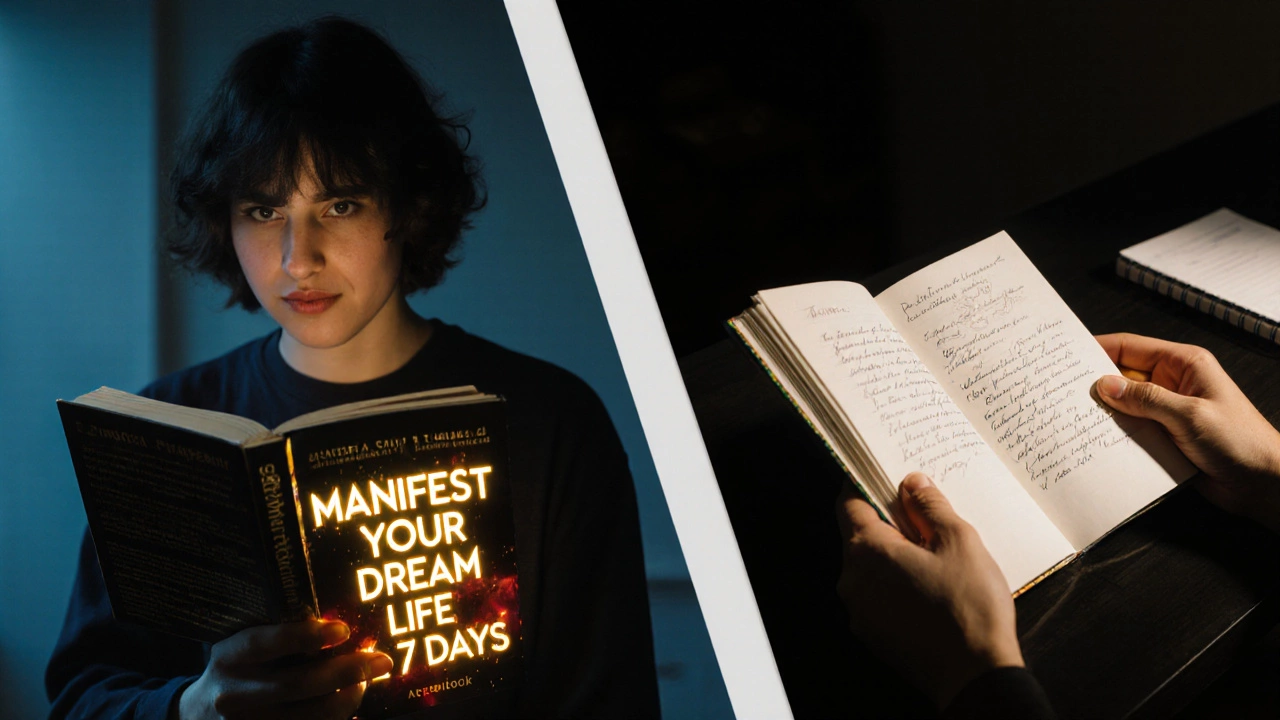 Contrasting images: one person overwhelmed by a quick-fix self-help book, another supported by a clinical workbook.