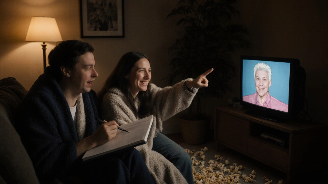 Couple laughing on couch watching TV at night, sketchbook nearby, cozy blankets.