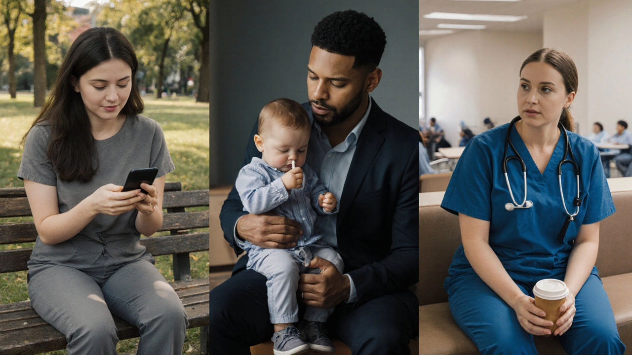 Diverse professionals struggling with work demands during personal moments: lunch, parenting, and rest.