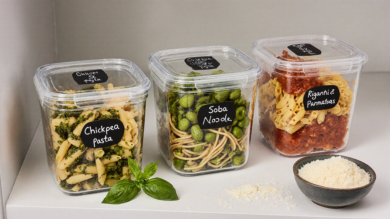 Glass meal prep containers with different pasta dishes neatly stacked in a pantry, labeled and ready for the week.