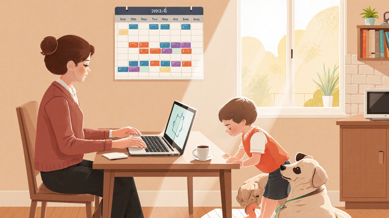 Parent working from kitchen table with child playing nearby and dog resting at feet.