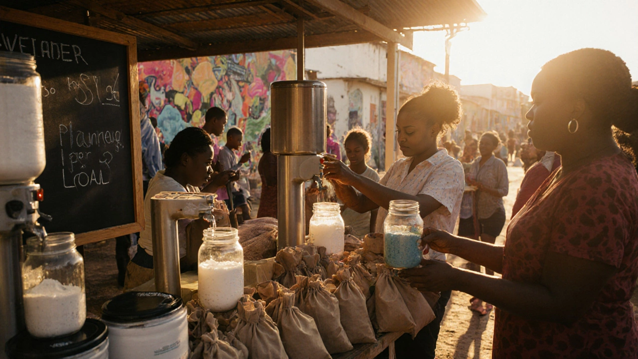 People refilling laundry detergent at a community bulk station with reusable jars in Durban.