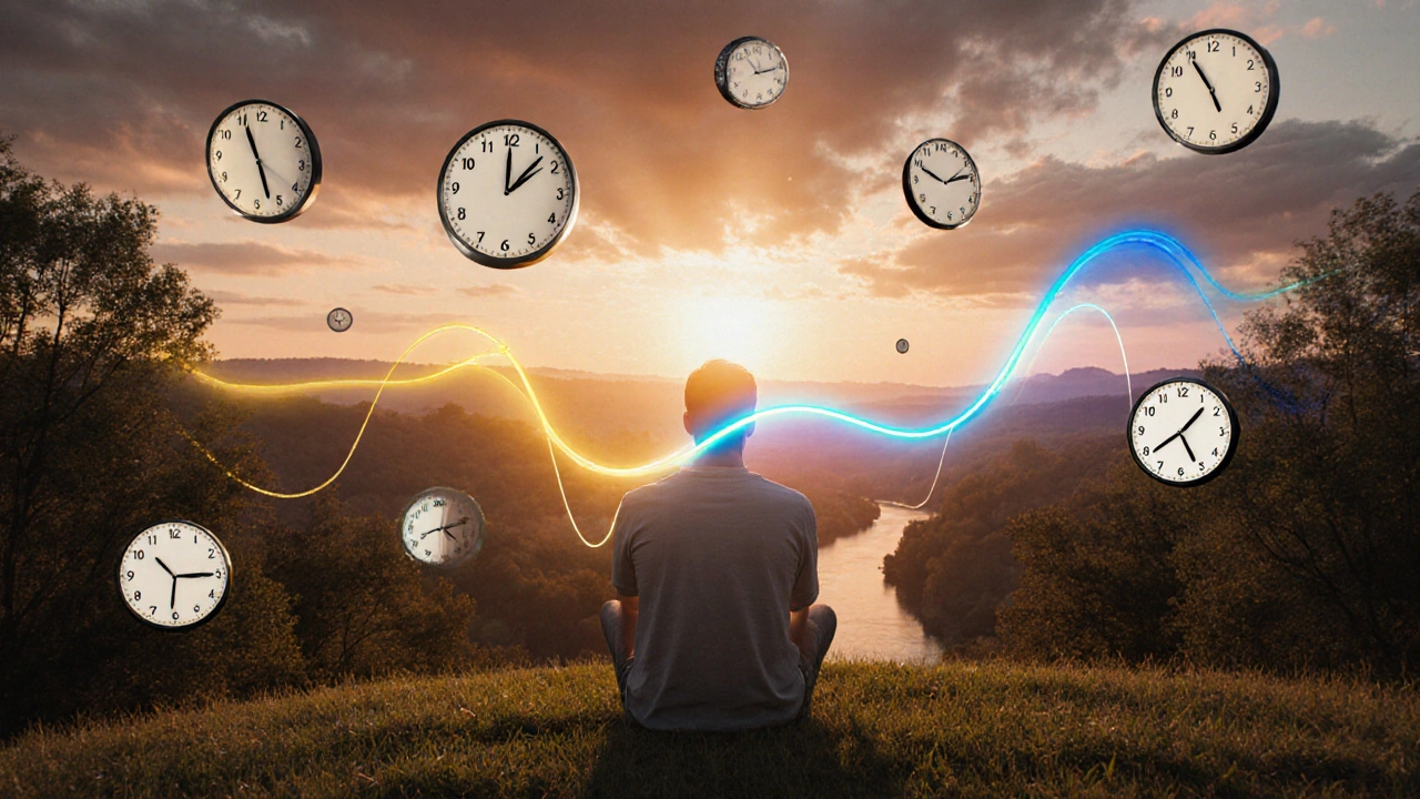 Person on hill at sunset surrounded by melting clocks and glowing energy waves.