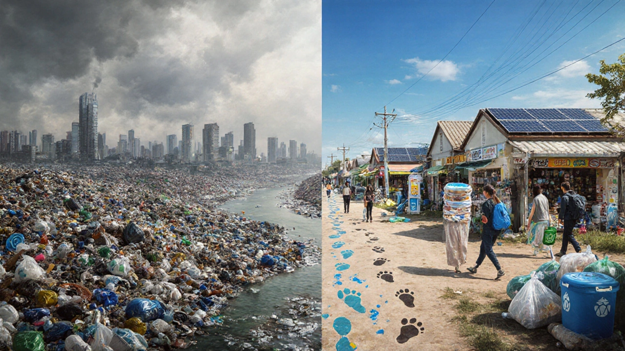 Split landscape showing pollution on one side and sustainable living on the other, connected by a path.