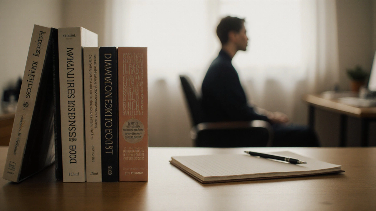 Therapist&#039;s desk with three evidence-based self-help books and a journal, symbolizing guided support.